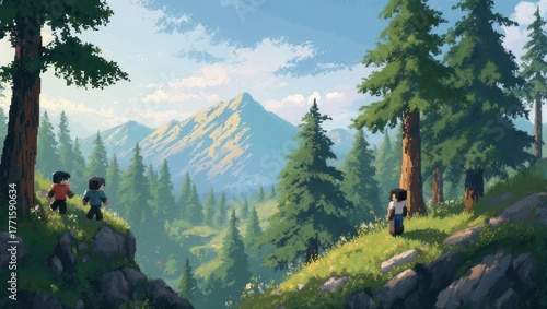 Pixelated adventurers exploring a vast and scenic mountain forest landscape.