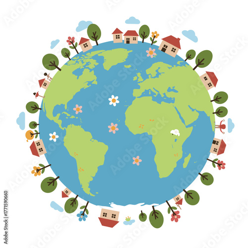 Cartoon earth illustration with houses, trees, and flowers around.