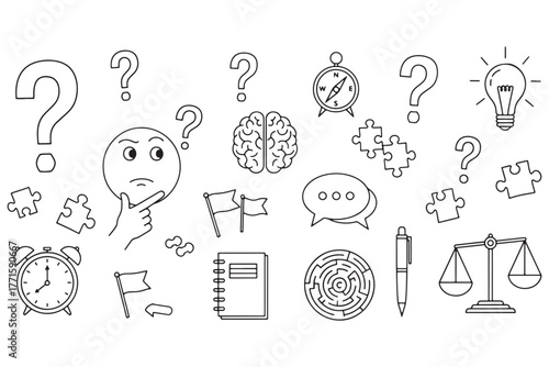 A collection of problem solving icons isolated on white background, representing the process of critical thinking and finding solutions to challenges