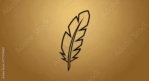 A black, sketched feather centered on a warm golden-brown gradient background
