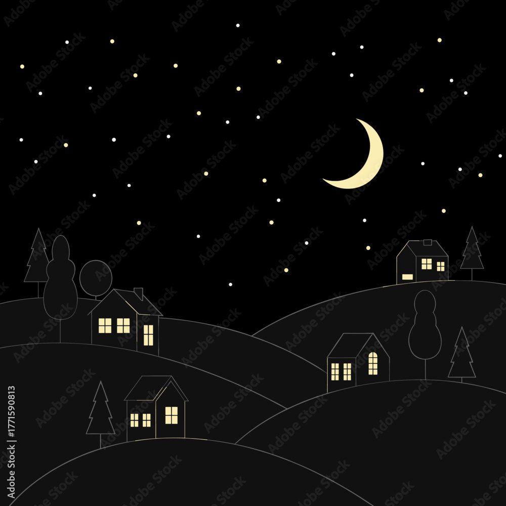 Fototapeta premium Stylized night landscape with houses, moon and stars on dark sky.