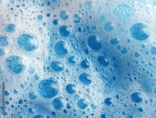 Vibrant Abstract Blue and White Foam Bubbles Water Droplets Soap Suds Close-up Background