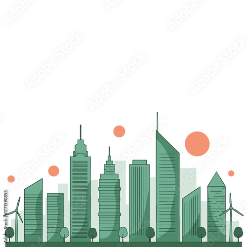 Green city skyline with wind turbines and trees illustration.