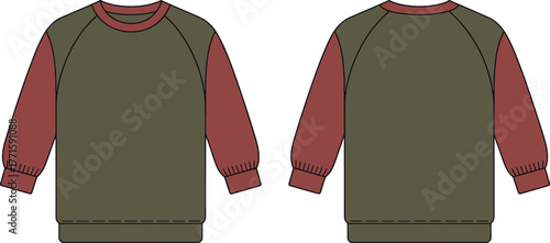 Raglan sweatshirt vector, olive green, reddish brown, front back view, fashion CAD, flat sketch, casual wear, apparel design
