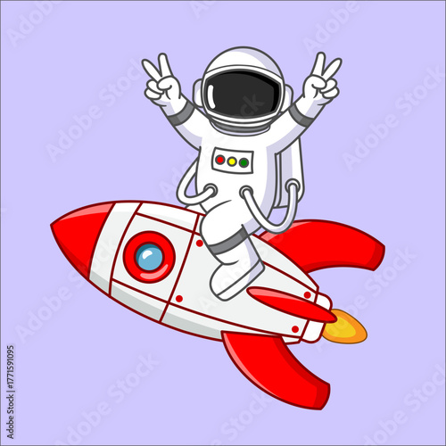 Cheerful Astronaut Riding Rocket with Peace Signs in His Fingers Vector Illustration Cartoon Design