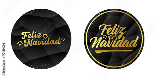 Feliz Navidad Merry Christmas in Spanish quote black sticker with golden text vector design, creative holiday typography, modern festive graphic art for cards, invitations, social media banners