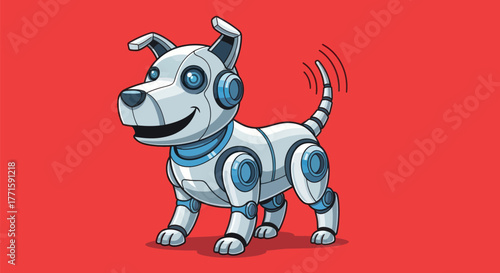 A smiling, robotic dog with blue accents and a wagging tail stands on a red backdrop