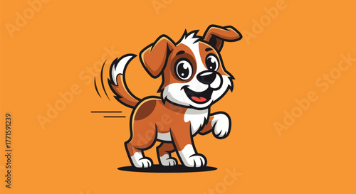 Playful cartoon dog, brown and white, running on an orange background, smiling