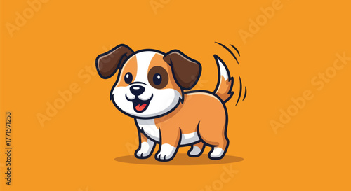 A cartoon puppy with brown and white fur wags its tail against an orange background