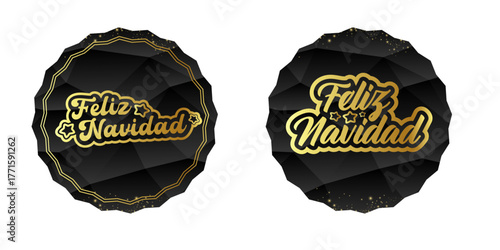 Feliz Navidad Merry Christmas in Spanish quote black sticker with golden text vector design, creative holiday typography, modern festive graphic art for cards, invitations, social media banners