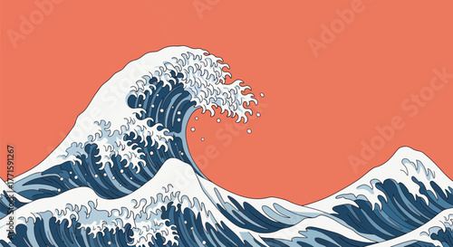 Iconic illustration of a large wave curling over, with pixelated style on a salmon-colored backdrop