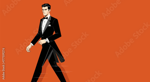 A stylized man in a tuxedo strides confidently against an orange backdrop