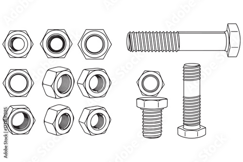 Technical drawing of various nuts and bolts isolated on white background, showcasing different sizes and thread types for engineering applications