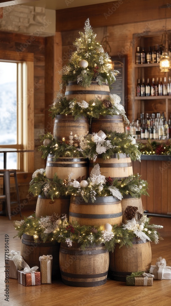 Fototapeta premium A festive Christmas tree crafted from stacked wine barrels stands proudly in a warm winery. Decorated with lights, greens, and ornaments, it captures the holiday spirit beautifully
