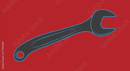 A gray and blue outlined wrench graphic sits on a red background