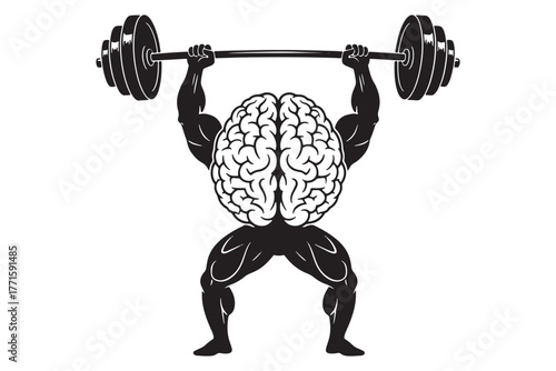 Brain lifting barbell isolated on white background, showcasing mental strength and intellectual power, symbolizing cognitive fitness and the importance of mental exercise