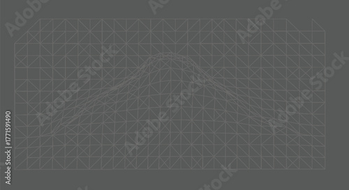 A wireframe mesh depicting a mountain range, overlaid on a grid, on a grey background