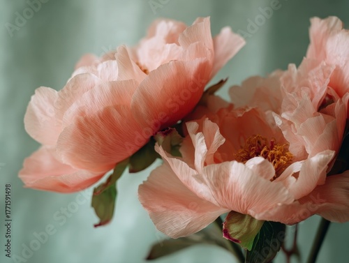 Two Peony Blossoms Gentle Hues Detailed Petals Botanical Still Life Photography Soft Background
