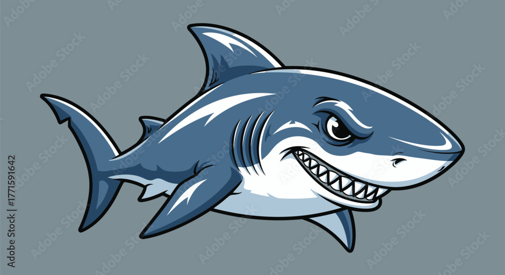 Fototapeta premium Cartoon illustration of a menacing shark, stylized with shades of blue against a gray background