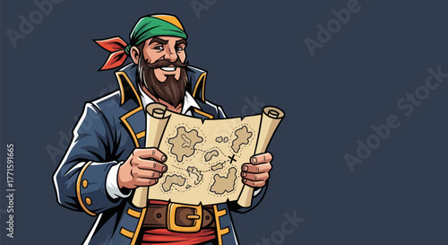 A cartoon pirate, wearing a bandana and coat, holds a treasure map, smiling