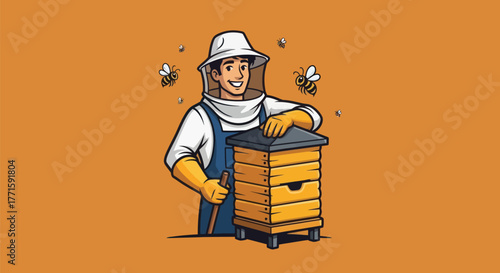 Cartoon of a smiling beekeeper with a hive and buzzing bees on an orange background