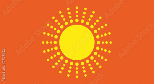 A graphic featuring a yellow sunburst on an orange background, with circle rays