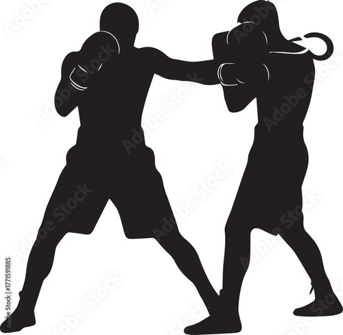 Silhouetted boxers sparring fiercely in a dynamic boxing match action shot