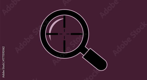 A magnifying glass with a target reticle inside, set against a dark purple background
