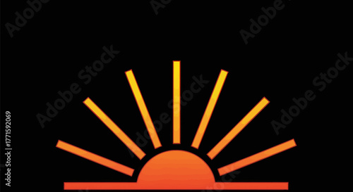 A stylized sunburst with a half-circle base and radiating lines against a black background
