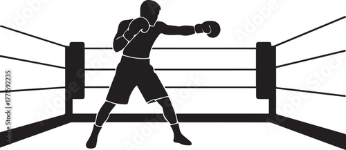Silhouette of a boxer in fighting stance inside a boxing ring with ropes