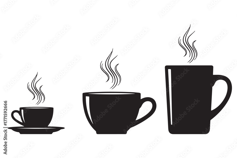 Obraz premium Three black cups of different sizes with steam isolated on white background, showcasing a progression from small to large, symbolizing growth