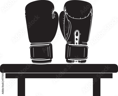 Pair of black boxing gloves resting on a wooden bench ready for intense training