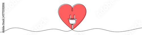 Red heart with an electric plug inside in one line art style. Drawing of a love symbol and a power connector with editable black stroke on a white background. Vector illustration.