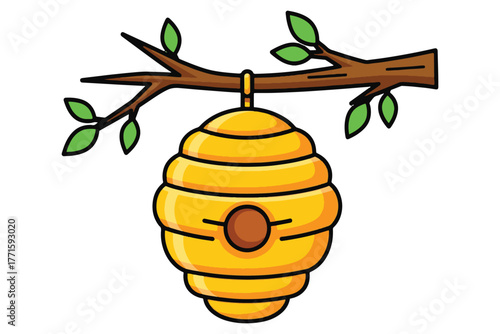 A cartoon beehive hanging from a branch isolated on white background, symbolizing nature, honey production, and the industriousness of bees