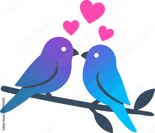 Two lovebirds perched on a branch sharing affection with hearts floating above in a sweet romantic scene