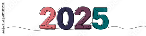 Colorful 3D numbers "2025" in one line art style. Drawing of the year digit with editable black stroke and multi-colored fills on a white background. Vector illustration.
