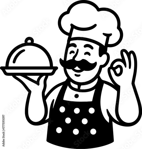 Cheerful chef holding a platter and making an ok gesture in a classic black and white illustration