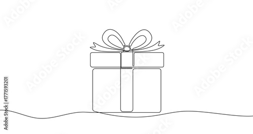 Gift box with a bow in one line art style. Drawing of a festive box with editable black stroke on a white background. Vector illustration.