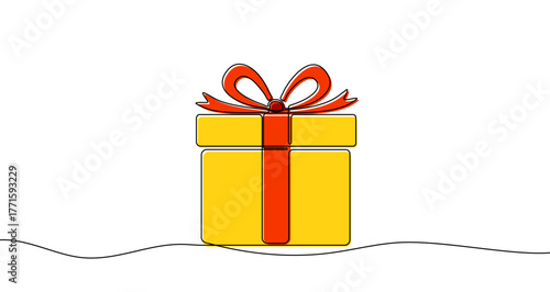 Gift box with a bow in one line art style. Drawing of a festive box with yellow fill and red ribbon with editable black stroke on a white background. Vector illustration.