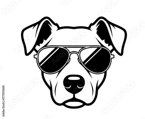 A bold, symmetrical black and white illustration features the head of a dog, likely a pitbull, wearing a pair of dark aviator sunglasses, giving it a cool and confident vibe