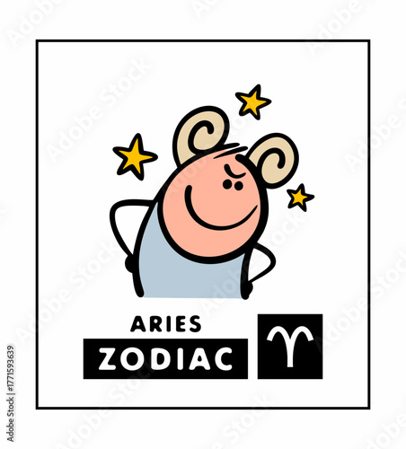 Zodiac sign Aries. Vector illustration of a cartoon man with horns like a ram or sheep stubbornly looking down. A funny character from astrology. predicting the future by the stars in the sky.