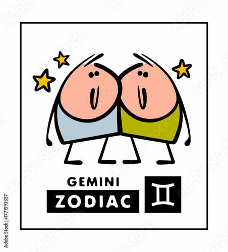 Zodiac sign Gemini. Vector illustration of two brothers hugging. Friendly cartoon stickman among stars in  sky. Fortune-telling, predicting the future by location of stars and planets. Constellation.