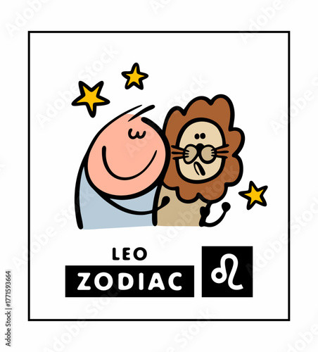Zodiac sign Leo. Vector illustration of a funny stickman hugging a disgruntled cartoon lion. A wild animal and a man among the stars and constellations. Astrology and astronomy.