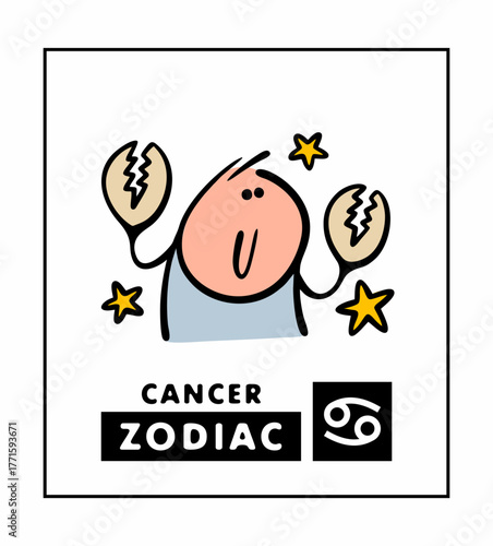 Zodiac sign Cancer. Vector illustration of a funny stickman with claws at a masquerade.  Lobster, crab, sea monster. Astrological divination by constellations and symbols in the sky.