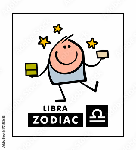 Zodiac sign Libra. Vector illustration of a funny stickman balancing with a load in his hands. Cute cartoon character holds weights on his palms and falls. Faith in the astrological forecast.