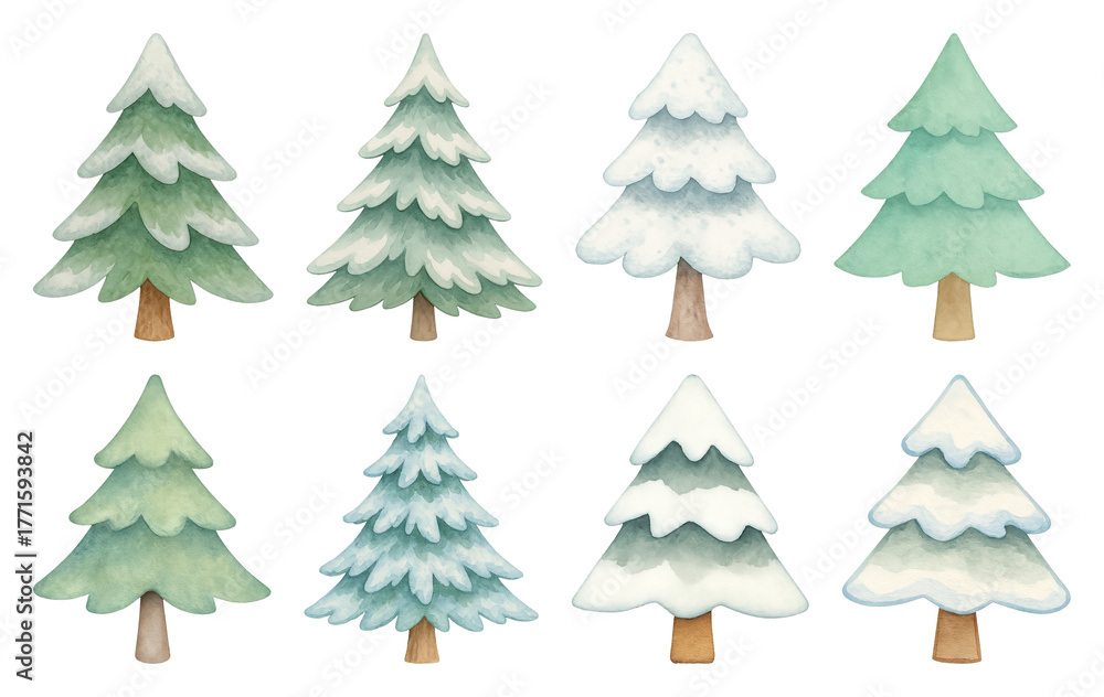 Obraz premium PNG Watercolor evergreen trees illustration, element set on transparent background