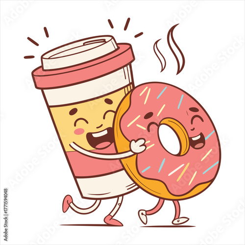 Happy cartoon coffee cup hugging a delicious pink frosted donut