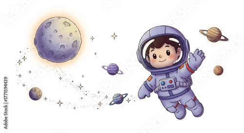 Illustration of a smiling astronaut in a purple spacesuit floating near planets, stars, and a glowing moon against a white background with a dreamy and adventurous mood.