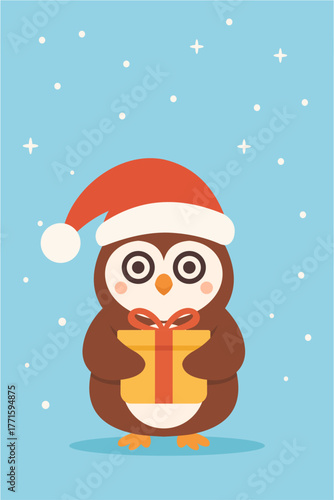 Cute Christmas Owl Holding Gift Box in Modern Flat Design
