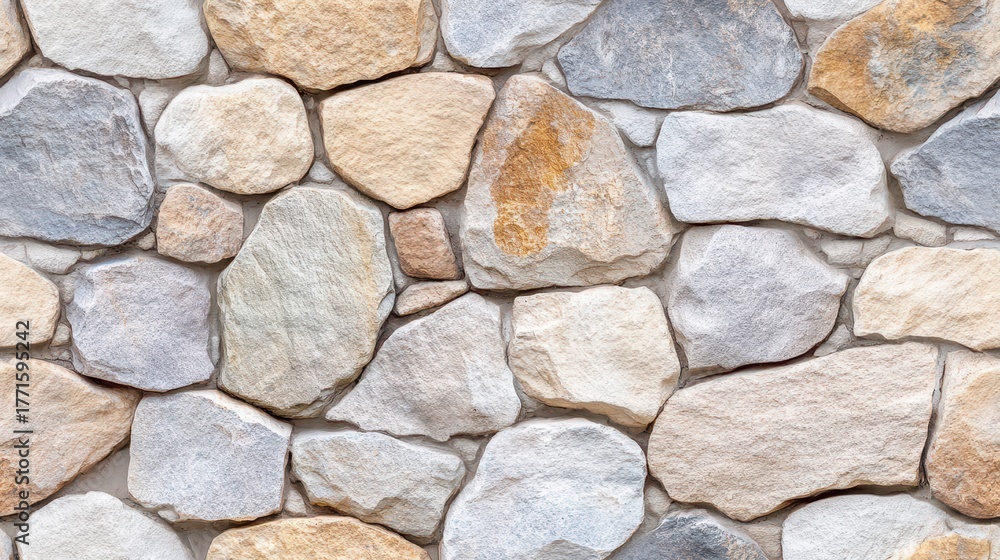 Obraz premium Stone Wall: A close-up shot of a textured stone wall, showcasing an assortment of rugged, weathered stones meticulously arranged, highlighting the natural beauty of the stones and the craftsmanship. 